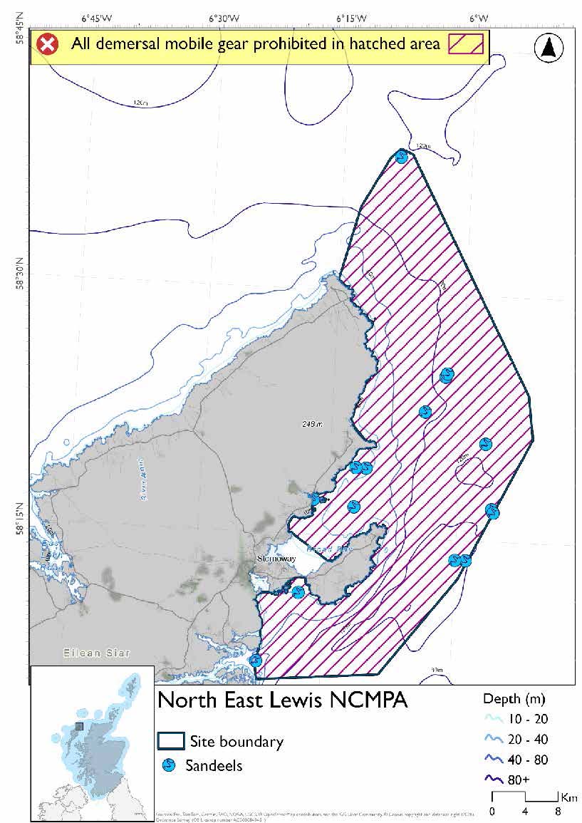 Option 2 map shows the North-East Lewis Nature Conservation Marine Protected Area (NCMPA). The site exceeds 80m depth at its outermost extent. Sandeel records are evident throughout the NCMPA, largely towards the centre in Broad Bay and northeast and southeast of its mouth extending to the edge of the NCMPA. Sandeels are also evident in the northern extent of the NCMPA and along the coast south of Stornoway. There is a whole site prohibition on set nets (not including fyke nets) and hydraulic dredge.  