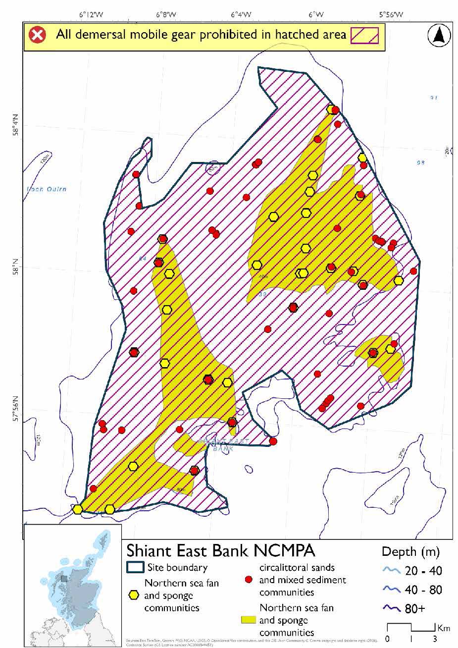 Option 2 map shows the Shiant East Bank Nature Conservation Marine Protected Area (NCMPA) located in the North Minch between the mainland and the Outer Hebrides. The site exists on a bank between 40m and 80m deep. Circalittoral sands and mixed sediment communities records exist across the site, with two large areas of northern sea fan and sponge communities in the northeast and southwest of the area, and a smaller such area in the southeast. Point data evidencing northern sea fan and sponge communities exist within these large areas, as well as one point to the northeast of the northeastern large area. The whole site is covered by a prohibition on all demersal mobile gear.