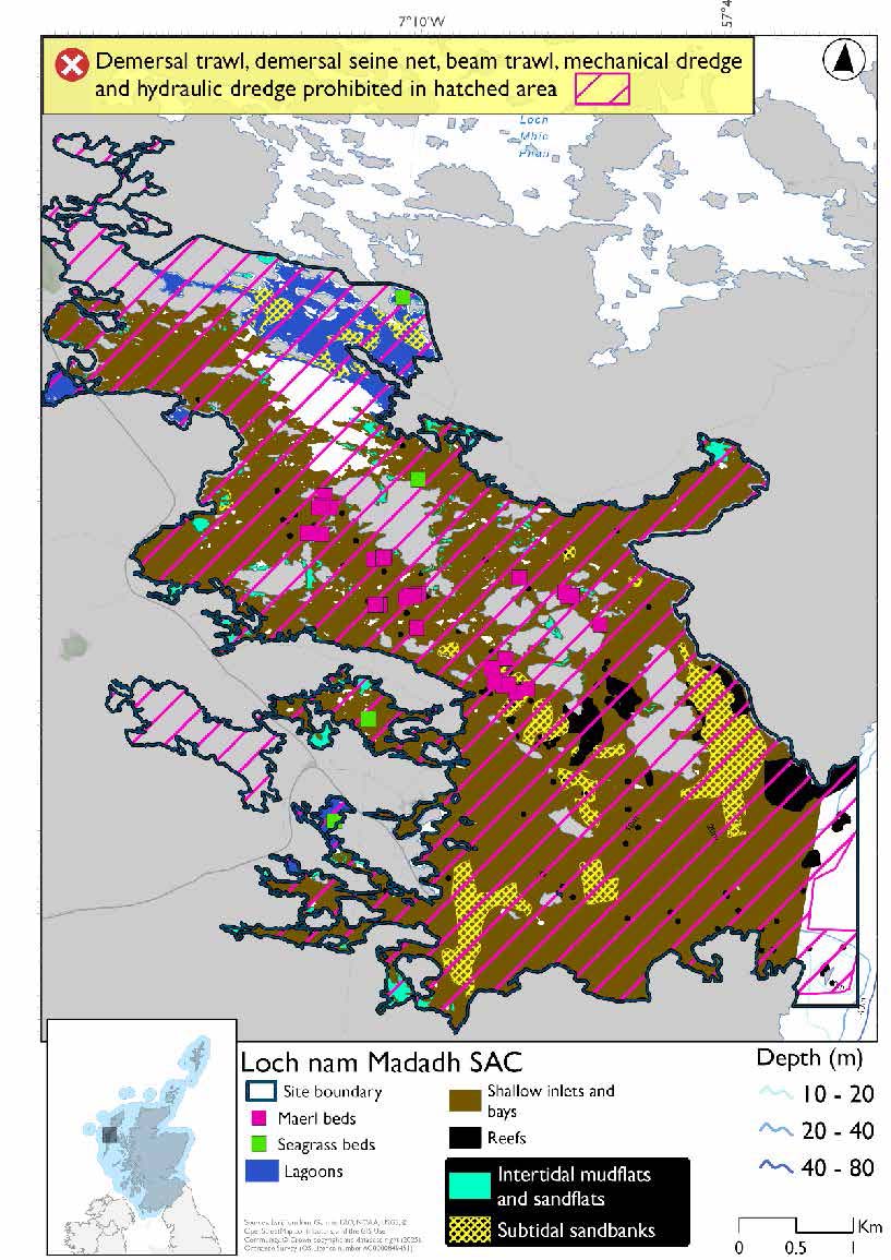 Option 1 map of Loch nam Madadh SAC in Scotland. The area is mainly composed of shallow inlets and bays, with some areas of intertidal mudflats and sandflats in the edges and the north of the loch complex, large patches of subtidal sandbanks in the south and smaller ones in the north, reefs in the southeast, lagoons around Loch maddy and in the northernmost part of the area and seagrass bed and maerl bed records spread throughout the middle of the site. Throughout all but the outermost area of the SAC there is a prohibition of all demersal mobile fishing gears