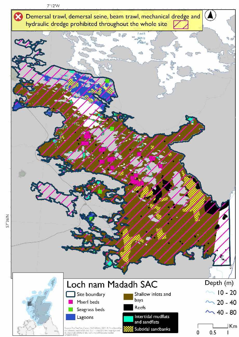 Option 2 map of Loch nam Madadh SAC in Scotland. The area is mainly composed of shallow inlets and bays, with some areas of intertidal mudflats and sandflats in the edges and the north of the loch complex, large patches of subtidal sandbanks in the south and smaller ones in the north, reefs in the southeast, lagoons around Loch maddy and in the northernmost part of the area and maerl bed and seagrass bed records spread throughout the middle of the site.  All demersal mobile fishing gears are prohibited throughout the area.