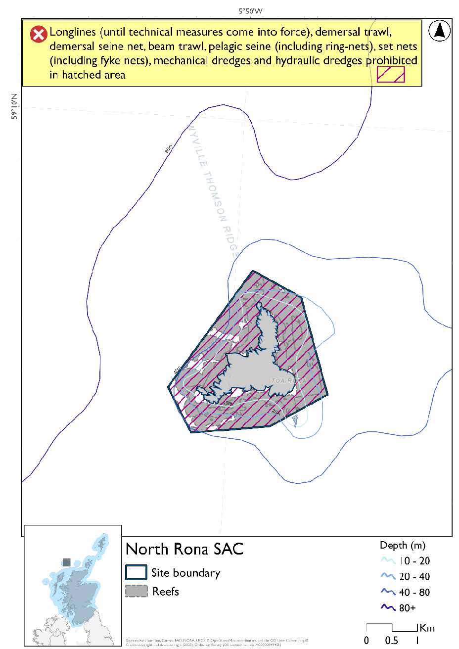 Single Option map of North Rona Special Area of Conservation (SAC) in Scotland, showing conservation boundaries, depth contours, reef habitat and full site closure to demersal trawl and seine, beam trawl, pelagic seine (including ring-nets), set nets (including fyke nets), mechanical dredge, hydraulic dredge. Longlines (until technical measures come into force) prohibited throughout site from overlap with North Rona and Sula sgeir SPA.