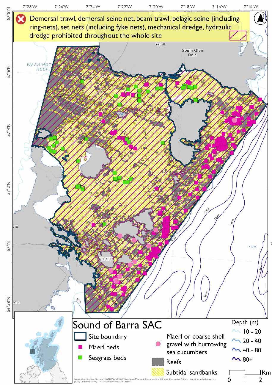Map of Sound of Barra SAC in Scotland, showing conservation boundaries, depth contours, habitat types including reef and subtidal sandbanks. Maerl, maerl or coarse shell gravel with burrowing sea cucumbers and seagrass point data is showing also. Hatched area covers the full site where all demersal mobile fishing gears, set nets (including fyke nets) and pelagic seine (including ring-nets) would be prohibited.