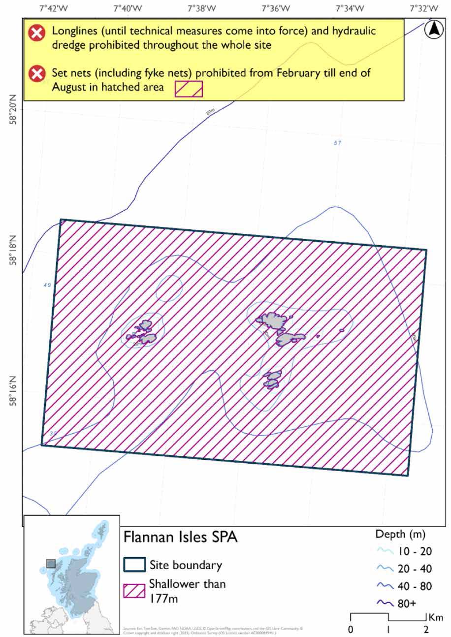 Map shows Flannan Isles SPA, a large rectangular area surrounding the Flannan Isles. Across the area set nets (including fyke nets) are prohibited February till end of August, while longlines (until technical measures come into force) and hydraulic dredges are prohibited in the site year round.
