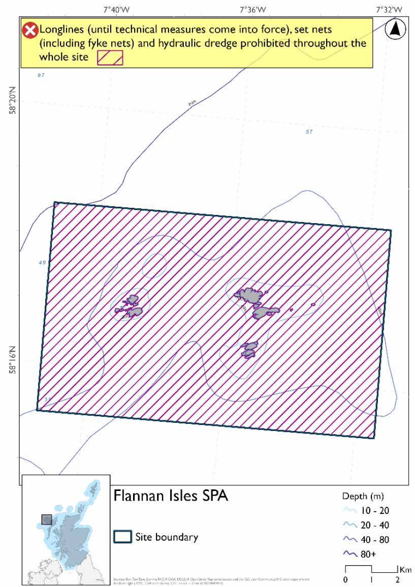 Map shows Flannan Isles SPA, a large rectangular area surrounding the Flannan Isles. Across the area longlines (until technical measures come into force) set nets (including fyke nets) and hydraulic dredges are prohibited.