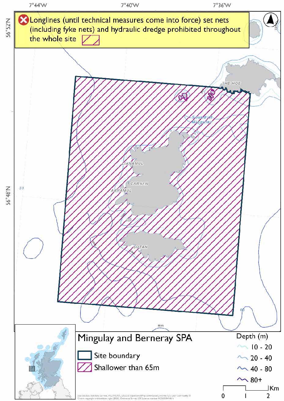 Map shows Mingulay and Berneray SPA, a rectangular area surrounding Mingulay and Berneray, extending as far as the coast of Pabaigh in the north east. The entire site is shallower than 65m. Set nets (including fyke nets), longlines (until technical measures come into force), and hydraulic dredges are prohibited throughout the site.