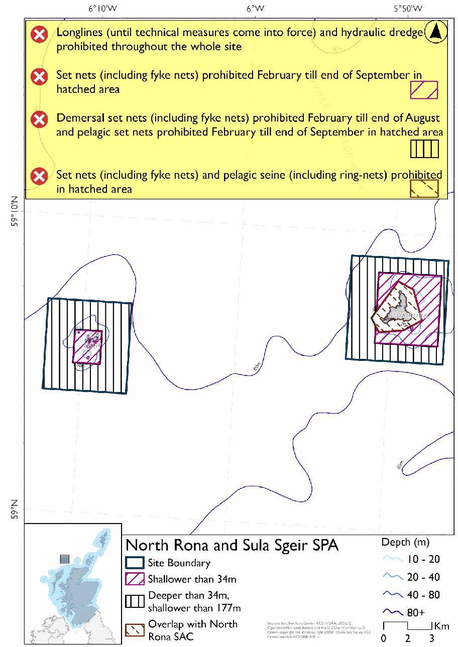 Map shows North Rona and Sula Sgeir SPA, two rectangular areas surrounding North Rona and Sula Sgeir. Two smaller rectangular areas surrounding each of the two islands are shallower than 34m, in these areas set nets (including fyke nets) are prohibited February to end of September. The outer extents of each area are deeper than 34m (but shallower than 177m), in these regions demersal set nets are prohibited February to end of August and pelagic set nets prohibited February to end of September. Longlines (until technical measures come into force) and hydraulic dredges are prohibited throughout the site. Pelagic seines (including ring-nets) prohibited in part of the site that overlaps with the North Rona SAC.