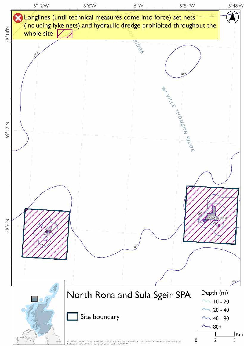 Map shows North Rona and Sula Sgeir SPA, two rectangular areas surrounding North Rona and Sula Sgeir. Set nets (including fyke nets), longlines (until technical measures come into force), and hydraulic dredges are prohibited throughout the site.