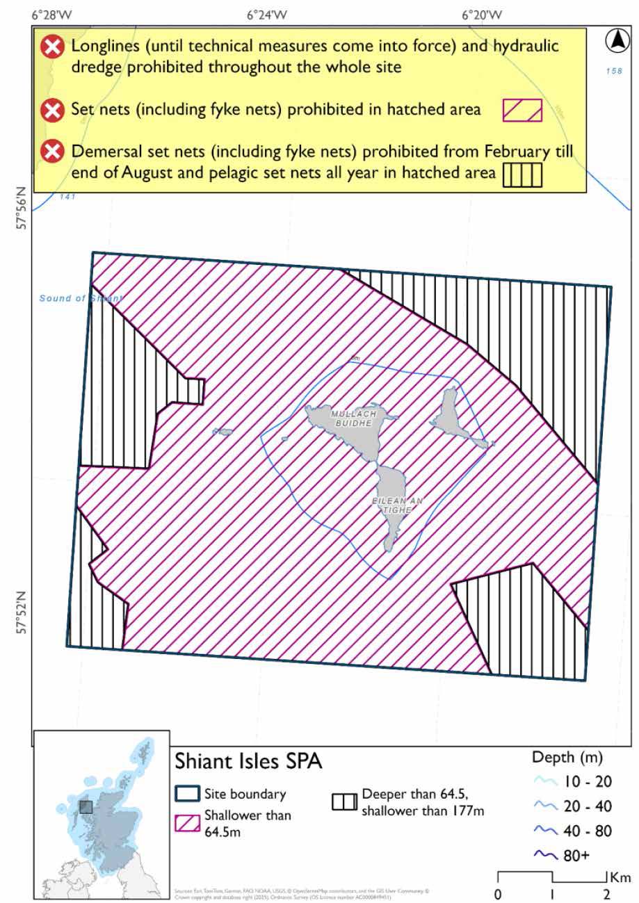 Map shows Shiant Isles SPA, a rectangular area surrounding the Shiant Isles, from the coastlines out to approximately 2km into the water. Most of the area is shallower than 64.5m, with some areas towards the edges of the SPA deeper than 64.5m but shallower than 177m. The northeastern portion, the southwestern corner, and two indenting areas in the west and sotheast make up these deeper areas. In the deeper areas demersal set nets (including fyke nets) are prohibited from February to end August, with pelagic set nets prohibited year round. In the shallower areas set nets (including fyke nets) are prohibited year round. Longlines (until technical measures come into force) and hydraulic dredges are prohibited throughout the site.