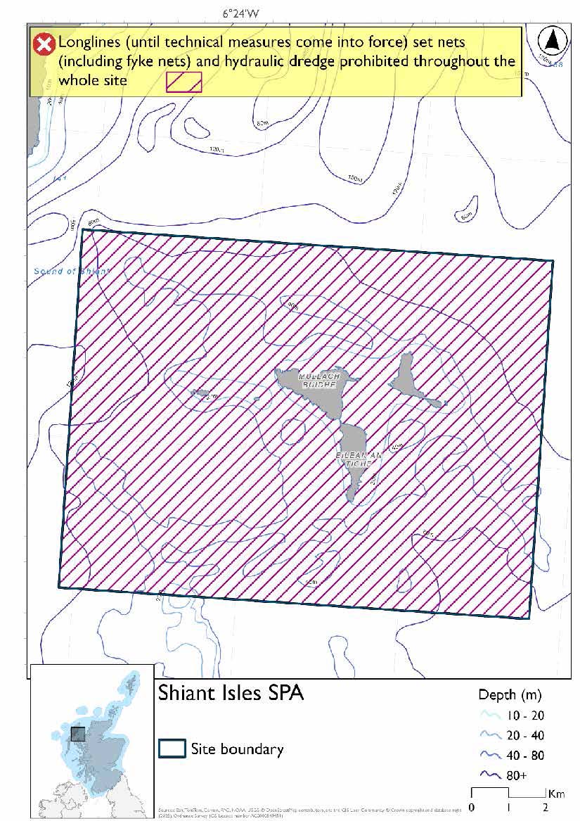 Map shows Shiant Isles SPA, a rectangular area surrounding the Shiant Isles, from the coastlines out to approximately 2km into the water. Set nets (including fyke nets), longlines (until technical measures come into force) and hydraulic dredges are prohibited throughout the site.