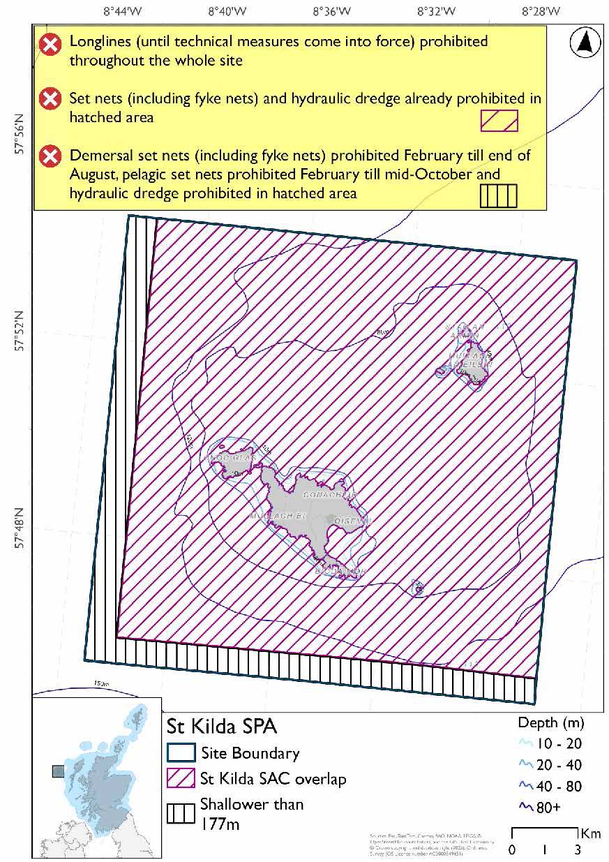 Map shows St Kilda SPA, a square area surrounding the St Kilda archipelago extending approximately 3km from the islands outwards. All but the southernmost and westernmost kilometres of the SPA overlap with the St Kilda SAC. In the area overlapping the St Kilda SAC set nets and hydraulic dredges are already prohibited. In the southernmost and westernmost extents of the SPA (that do not overlap the SAC) demersal set nets (including fyke nets) are prohibited February to end August, pelagic set ents prohibited February to mid-October, and hydraulic dredges prohibited all year. Across the whole of the site longlines are prohibited (until technical measures come into force).