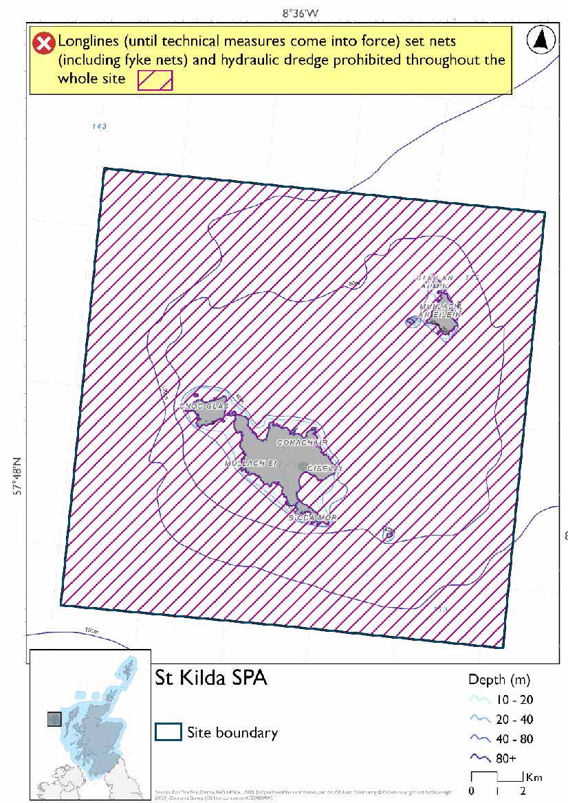 Map shows St Kilda SPA, a square area surrounding the St Kilda archipelago extending approximately 3km from the islands outwards. Set nets (including fyke nets), longlines (until technical measures come into force) and hydraulic dredges are prohibited throughout the site.