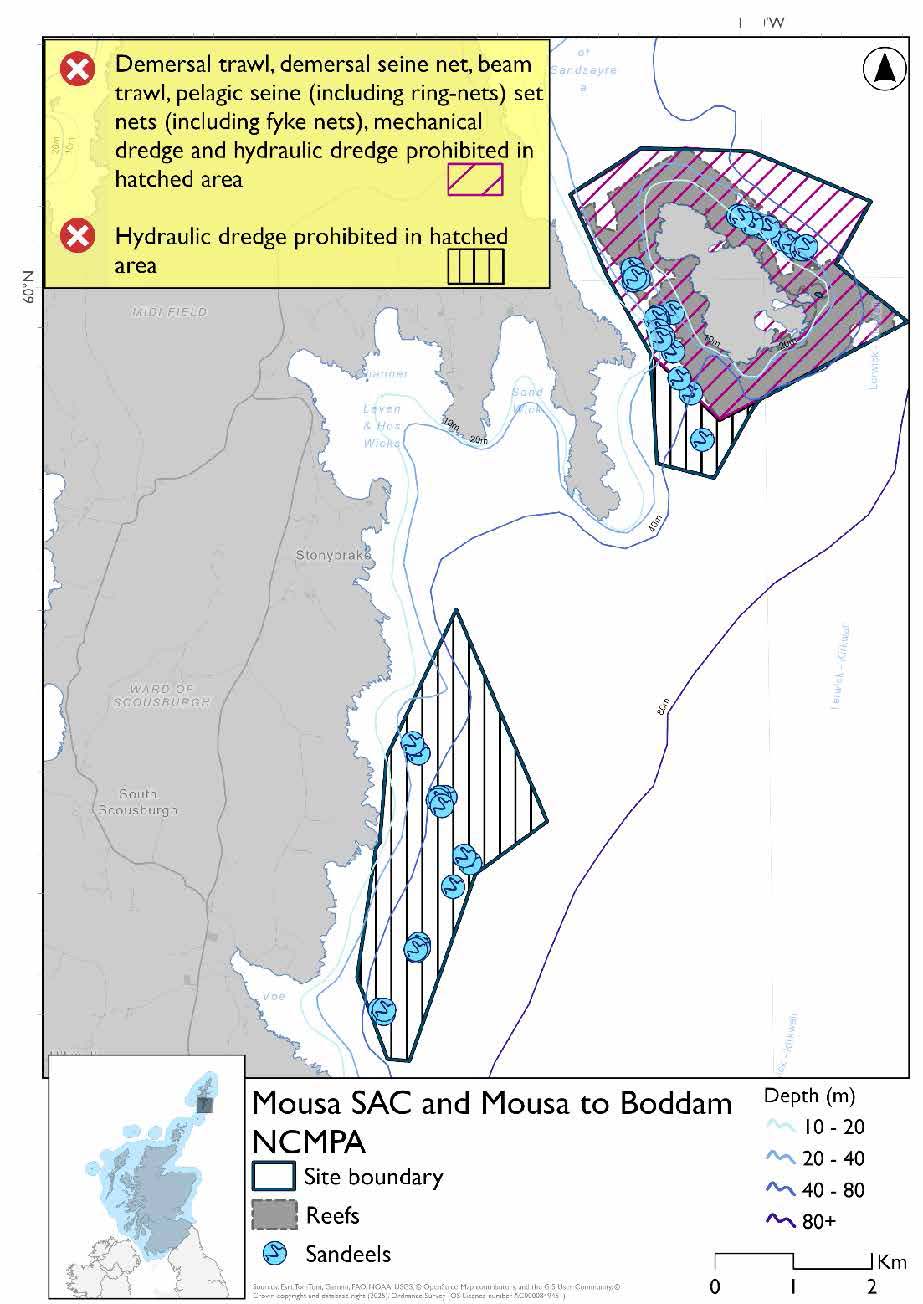 Option 1 map of Mousa SAC and Mousa to Boddam NCMPA in Scotland, showing conservation boundaries, depth contours, reefs, sandeel feature data, and areas where various fishing gears including demersal trawl and seine, beam trawl, set nets (including fyke nets), mechanical and hydraulic dredges are prohibited.