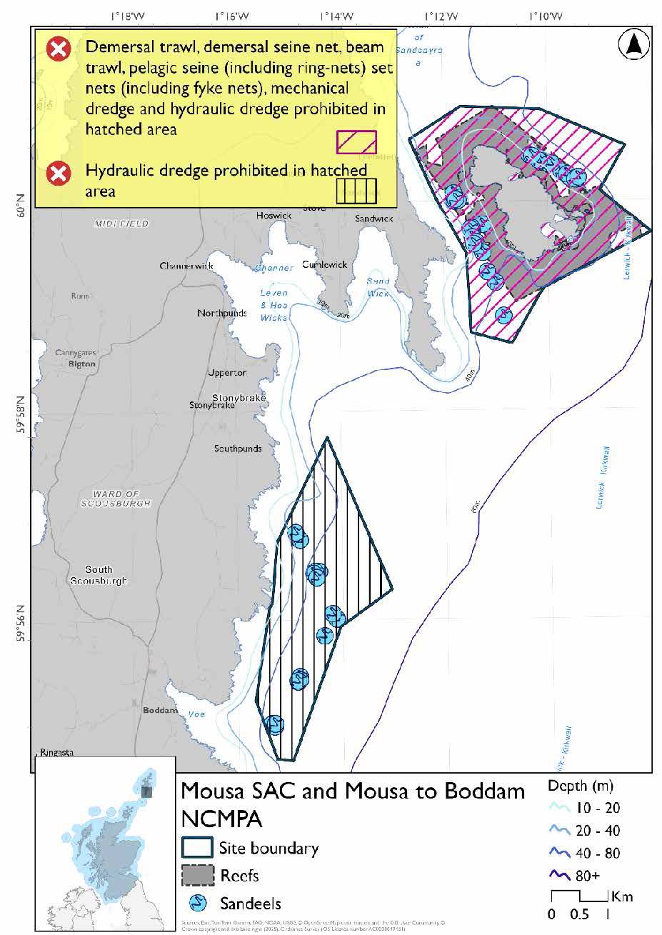 Option 2 map of Mousa Special Area of Conservation (SAC) and Mousa to Boddam NCMPA in Scotland, showing conservation boundaries, depth contours, reefs, sandeel feature data, and areas where various fishing gears including demersal trawl and seine, beam trawl,  set nets (including fyke nets), mechanical and hydraulic dredges are prohibited.