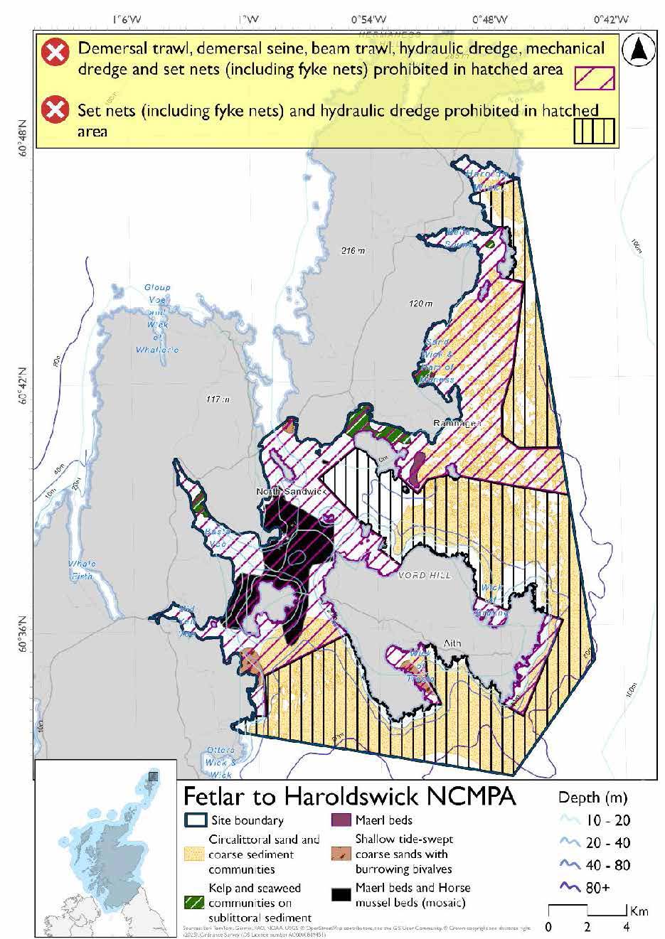 Map shows option 1 for  the Fetlar to Haroldswick Nature Conservation Marine Protected Area (NCMPA) located around the northern coast of Shetland. The site  includes habitats such as maerl beds, kelp and seaweed communities on sublittoral sediment, shallow tide-swept coarse sands with burrowing bivalves, circalittoral sand and course sediment communities and horse mussel beds. Depth contours from 10–20 m, 20–40 m, 40–80 m, and greater than 80m if present are shown. Hatched areas within the boundary represent fisheries management measures. Zoned areas for demersal trawl and seine, beam trawl, and mechanical dredge. Set nets (including fyke nets and hydraulic dredge prohibited throughout the site.  A legend explains habitat types and an inset map shows the site’s location within Scotland.