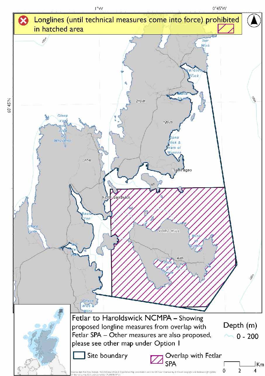 Longline overlap map: Map shows Fetlar to Haroldswick NCMPA, highlighting a large area surrounding Fetlar, which overlaps with the Fetlar SPA. In this area longline measures will apply in addition to the measures considered for Fetlar to Haroldswick NCMPA