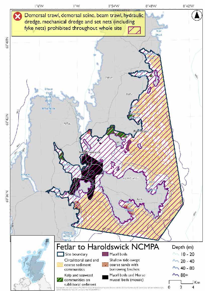 Map shows option 2 for  the Fetlar to Haroldswick Nature Conservation Marine Protected Area (NCMPA) located around the northern coast of Shetland. The site includes habitats such as maerl beds, kelp and seaweed communities on sublittoral sediment, shallow tide-swept coarse sands with burrowing bivalves, circalittoral sand and course sediment communities and horse mussel beds. Depth contours from 10–20 m, 20–40 m, 40–80 m, and greater than 80m if present are shown. Hatched area within the boundary represent fisheries management measures. Full site closure for demersal trawl and seine, beam trawl, hydraulic dredge, mechanical dredge and set nets (including fyke nets.  A legend explains habitat types and an inset map shows the site’s location within Scotland.