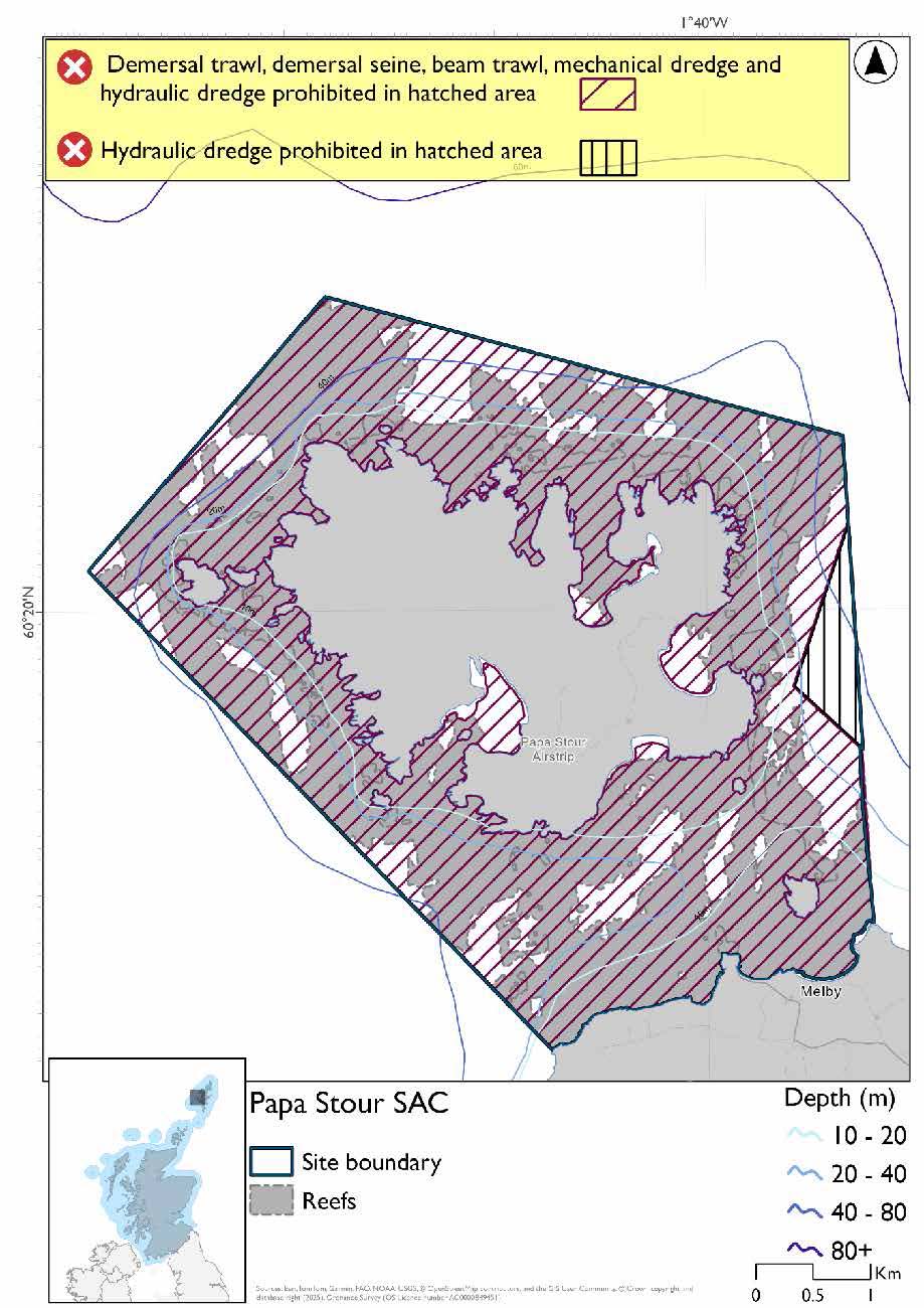 Option 1 Map of Papa Stour SAC, covering the reefs surrounding Papa Stour, and extending out to a maximum depth between 40m and 80m in the northwest. Throughout all but a small patch in the east of the area demersal trawl and seine, beam trawl and mechanical dredge are prohibited. There is a full site closure to hydraulic dredge. 