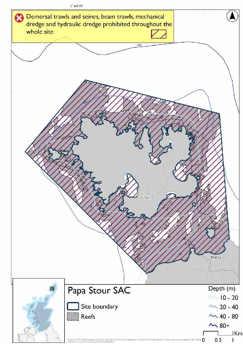 Option 2 Map of Papa Stour SAC, covering the reefs surrounding Papa Stour, and extending out to a maximum depth of 80m in the northwest. Throughout the area there is a prohibition of demersal trawl and seine, beam trawl, mechanical dredge and hydraulic dredge.