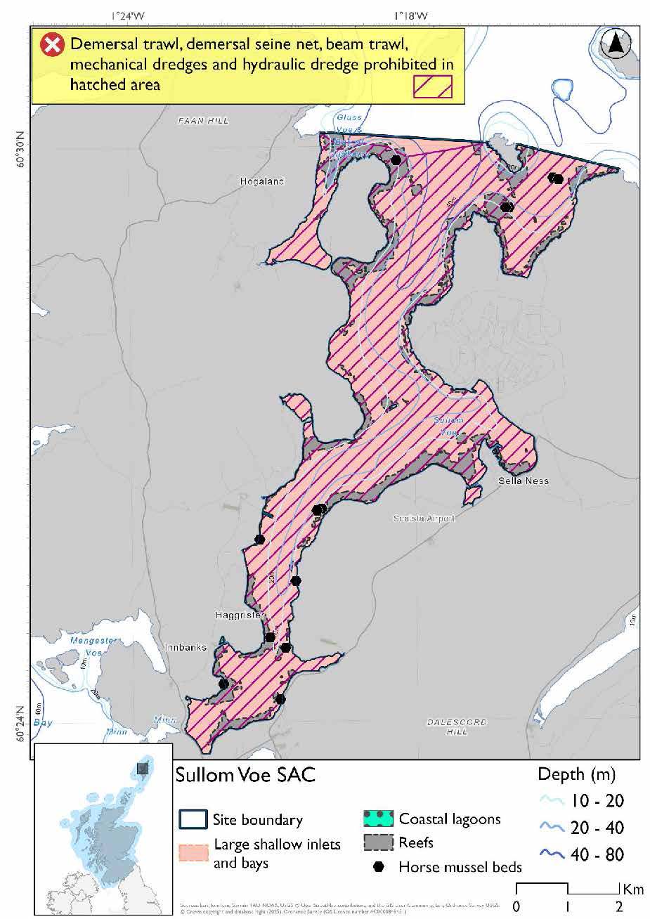 Option 1 map of Sullom Voe SAC in Scotland, showing conservation boundaries, depth contours, habitat types including reef, large shallow inlets and bays, coastal lagoons, horse mussel beds, and hatching showing zoned closure to demersal trawl, demersal seine net, beam trawl and mechanical dredge. Hydraulic dredge prohibited throughout the site.