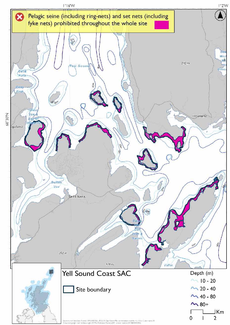 Single option map of Yell Sound Coast Special Area of Conservation (SAC) in Scotland, showing conservation boundaries, depth contours, and highlighted areas covering the full site where set nets (including fyke nets) and pelagic seine (including ring nets) would be prohibited.