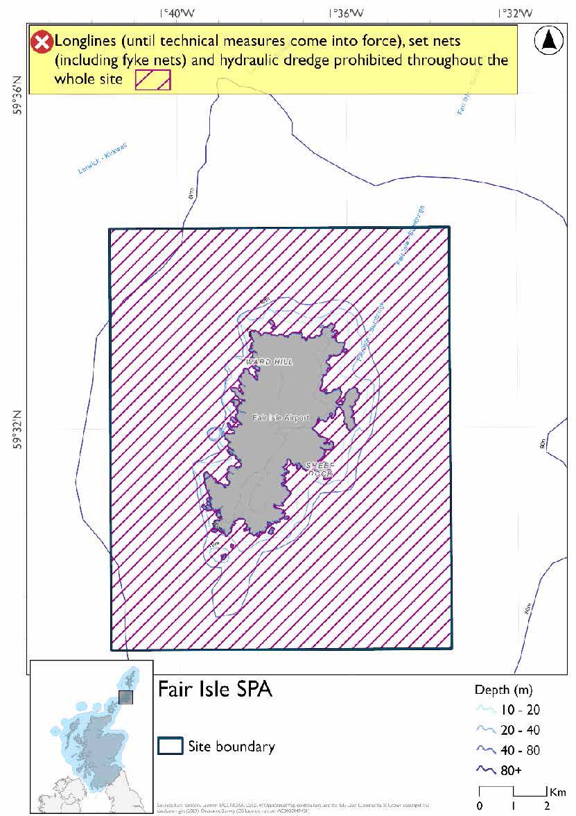 Map shows Fair Isle SPA, a rectangular area immediately surrounding Fair Isle. Longlines (until technical measures come into force), set nets (including fyke nets), and hydraulic dredges are prohibited throughout the whole site. 