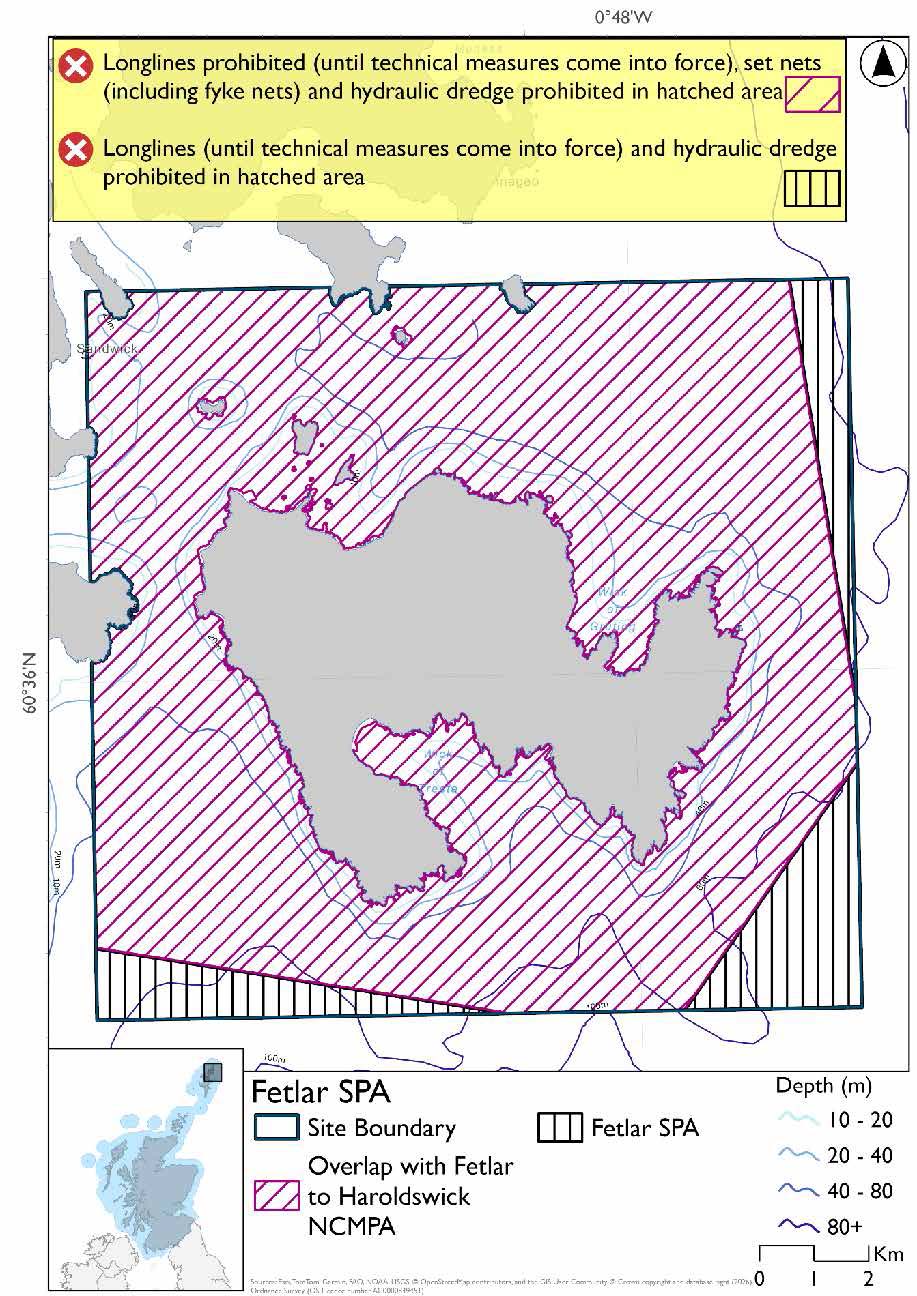 Map shows Fetlar SPA, an area extending around Fetlar. The area extends into the waters to the south, east, and north- reaching the southern coast of Uyea. The area does not extend much to the west in the north, cutting around Sound Gruney and Hascosay. Throughout the area longlines (until technical measures come into force) and hydraulic dredges are prohibited. Set nets (including fyke nets) are prohibited in overlapping area with the Fetlar to Haroldswick NCMPA