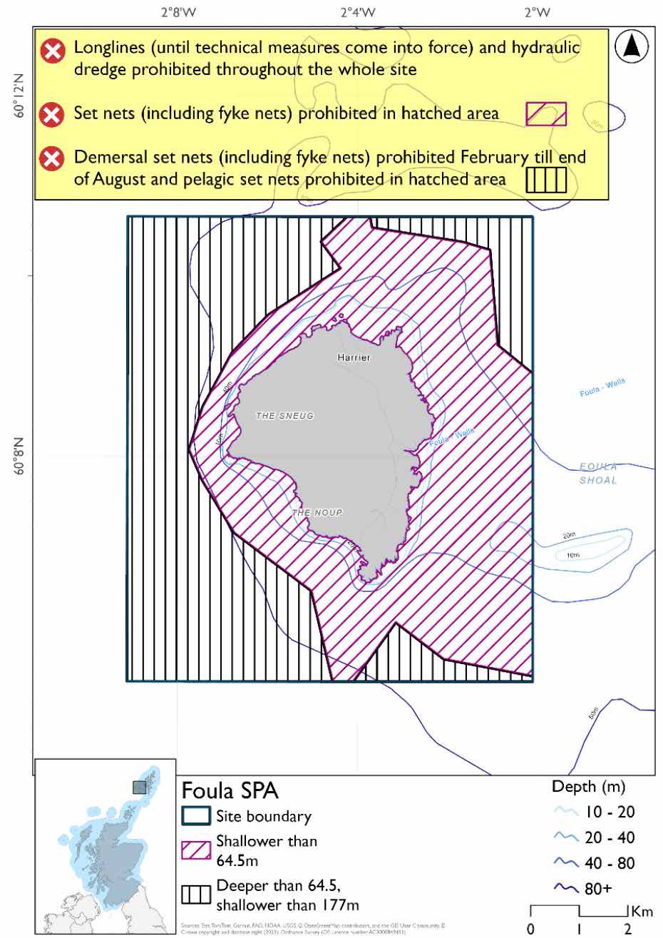 Map shows Foula SPA, a rectangular area surrounding  Foula. The waters immediately surrounding Fould across to the eastern boundary and to small parts of the northern and southern boundaries are shallower than 64.5m. In this shallower area set nets (including fyke nets) are prohibited. The western region of the area, and the northeastern and southeastern corners are deeper than 64.5m and shallower than 177m. In these areas demersal set nets (including fyke nets), are prohibited February till end of August and pelagic set nets are prohibited year round. Longlines (until technical measures come into force) and hydraulic dredges are prohibited throughout the site.
