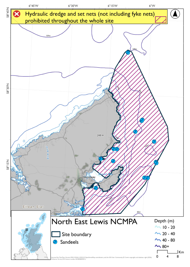 Option 2 map shows the North-East Lewis Nature Conservation Marine Protected Area (NCMPA). The site exceeds 80m depth at its outermost extent. Sandeel records are evident throughout the NCMPA, largely towards the centre in Broad Bay and northeast and southeast of its mouth extending to the edge of the NCMPA. Sandeels are also evident in the northern extent of the NCMPA and along the coast south of Stornoway. There is a whole site prohibition on set nets (not including fyke nets) and hydraulic dredge.