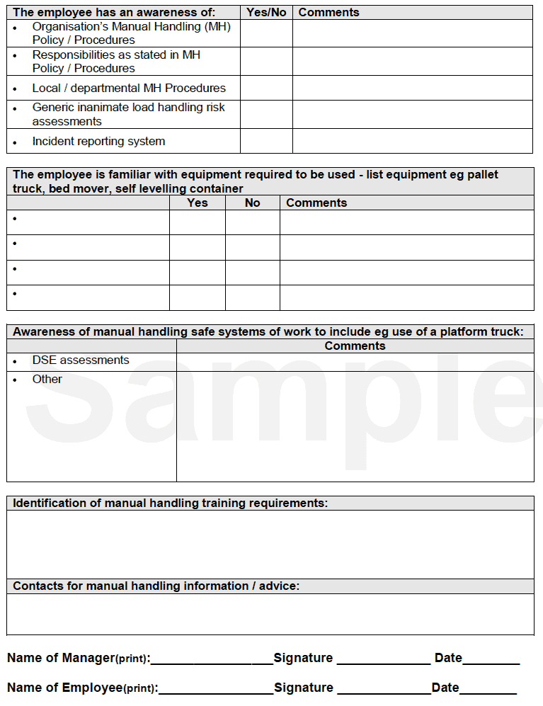 Induction Checklist - Inanimate Load Handling Employees