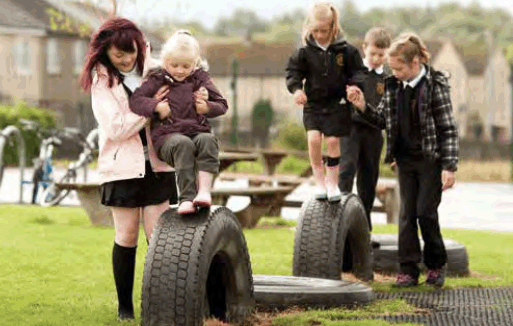 children playing on tires