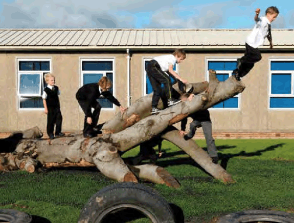boys playing on a log