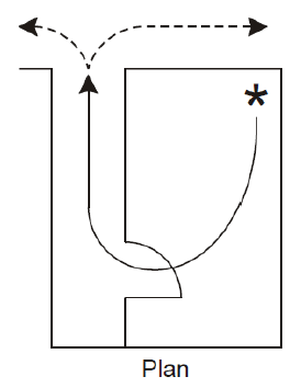 Figure 4  Single direction of escape out of room and along a corridor before a choice of escape routes becomes available
