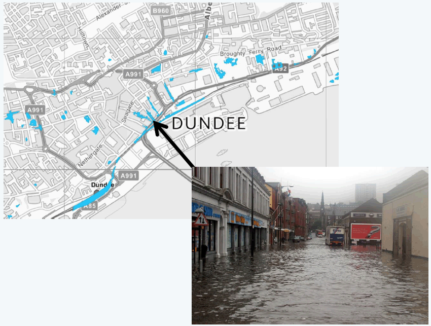 Comparison of modelled flood extents and observed flooding in the Trades Lane area of Dundee.