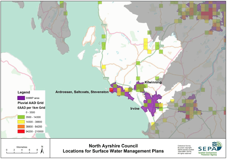 Figure 4.2 North Ayrshire Council locations for surface water management plans based on National Records of Scotland settlements data.