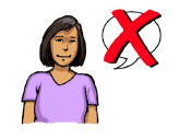 A woman with a speech bubble that is crossed out.