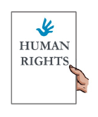 A hand holding a document with ‘Human Rights’ written on the cover.