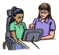 A girl in a wheelchair using electronic communication equipment to communicate with a woman sitting next to her.