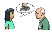 A woman is talking about communication equipment while a professional man listens.