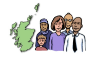 A map of Scotland with a diverse group of children and adults next to it.
