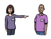 A member of staff pointing to a member of staff from a different organisation.