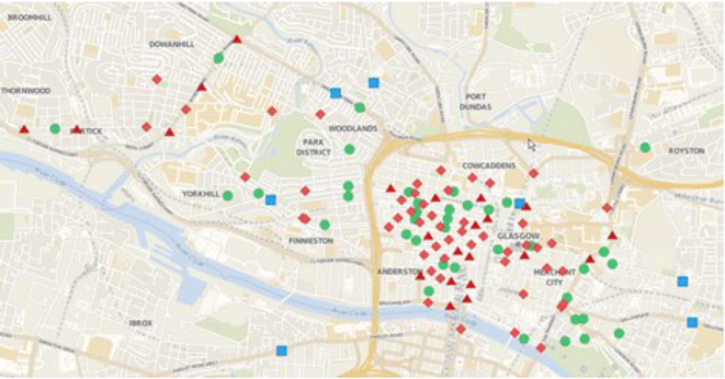 Figure 3: Example of detailed traffic collection points, including turn counts, 12/24 traffic count locations and ANPR (data collected in Glasgow during winter 2017/18)