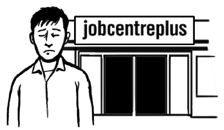 A man standing outside a Job Centre, looking unhappy