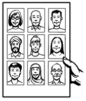A hand holding a sheet of paper with pictures of nine people on it. All of the people look different from each other