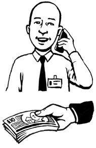 A man with a name badge talking on the phone. Below is a hand offering some money