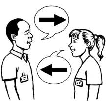 A man and woman wearing name badges, facing each other and talking. There is a speech bubble coming from both their mouths, with arrows showing that communication goes both ways