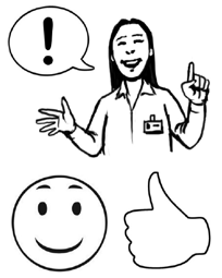 A woman talking with a speech bubble coming out of her mouth. Under her there is a happy face and a thumbs up symbol