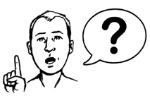 A man holding his hand up and speaking. There is a speech bubble coming from his mouth, with a question mark in it