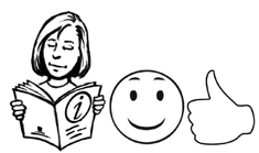 A woman reading a booklet with an information sign on the cover. Next to her there is a happy face and a thumbs up symbol