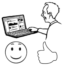 A man looking at a website on a computer, and smiling. Under him there is a happy face and a thumbs up symbol