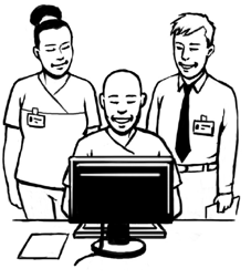 A diverse group of NHS staff. One is looking at a computer screen and the other two are standing by his side. All are looking happy